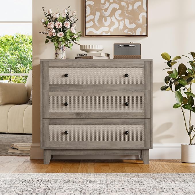 Rattan 3 Drawer Dresser for Bedroom, Small Boho Dresser with Wood Handles, Wood Nightstand, 29.52" Wide Modern Dresser, Chests of Drawers for Living Room, Entryway, Hallway, Wood Gray
