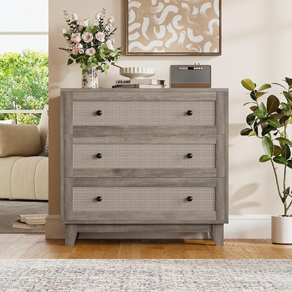 Rattan 3 Drawer Dresser for Bedroom, Small Boho Dresser with Wood Handles, Wood Nightstand, 29.52" Wide Modern Dresser, Chests of Drawers for Living Room, Entryway, Hallway, Wood Gray