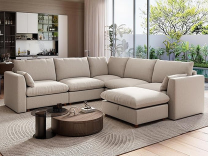 Ihanherry 111" Oversized Modular Sectional Sofa, Modern V Shaped Cloud Couch with Storage Ottoman, 6-Seat Comfy Chenille Deep Seat Sofa with 2 Pillows for Living Room, Khaki