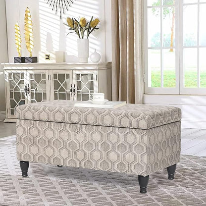 Asense Upholstered Storage Ottoman Hinged-lid Linen Bench Rectangular Footstools Accent Furniture for Bedroom Living Room Entryway, Beige & Light Grey Patterns