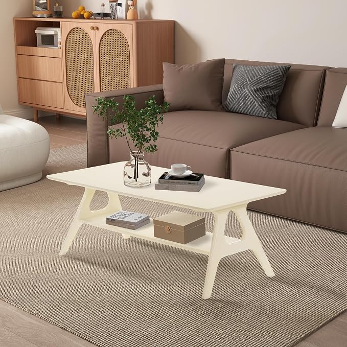 Roundhill Furniture Arona Mid-Century Modern Wood Shelf Coffee Table, Off-White Finish