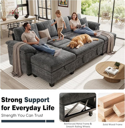Ihanherry 108" Modular Sectional Sofa with Pull Out Bed, 6-Seater U Shaped Sectional Sleeper Couch with Storage Ottoman, Chenille Convertible Couches for Living Room, Apartment (Grey)