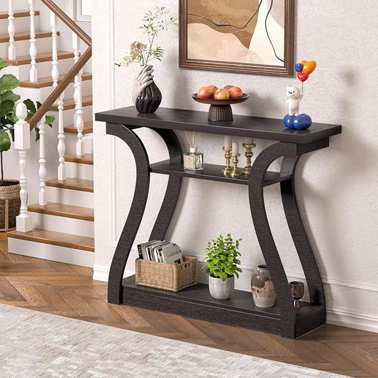 47" Wood Console Table for Entryway, Narrow Sofa Table with 3-Tier Shelves, Curved Legs Farmhouse Hallway Table, Skinny Console Table Behind Couch, Rustic Wooden Entry Table for Living Room (Brown)