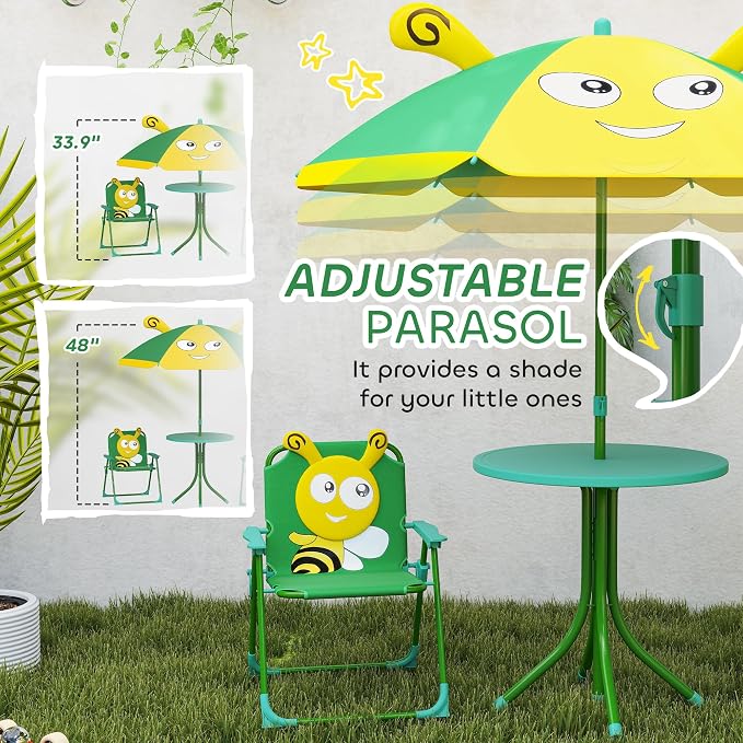 Qaba Kids Picnic Table and Chair Set, Outdoor Activity Table with Foldable Chairs, Removable Umbrella, Bee Pattern Toddler Patio Furniture for Backyard, Garden, Green