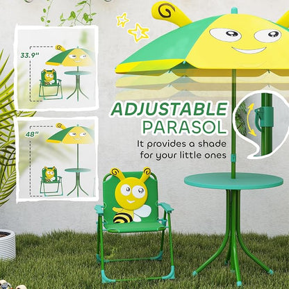Qaba Kids Picnic Table and Chair Set, Outdoor Activity Table with Foldable Chairs, Removable Umbrella, Bee Pattern Toddler Patio Furniture for Backyard, Garden, Green