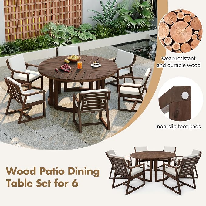 Quarte 7-Piece Patio Dining Table Set, Round Dining Table with 1.96" Umbrella Hole, Outdoor Wooden Patio Furniture Set for Garden, Backyard and Pools (Mocha-7)