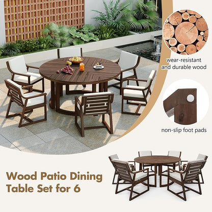 Quarte 7-Piece Patio Dining Table Set, Round Dining Table with 1.96" Umbrella Hole, Outdoor Wooden Patio Furniture Set for Garden, Backyard and Pools (Mocha-7)