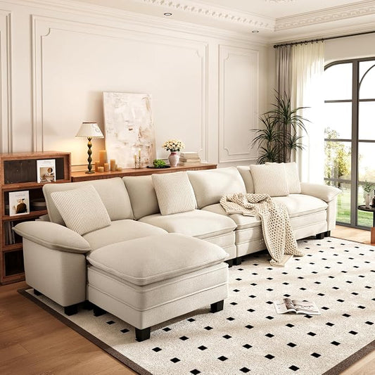 PHI VILLA Cloud Modular Couch Sets, 157.5" Oversized Sectional Sofa with L-Shaped Chaise, 5-Seater Upholstered Couches with Movable Ottoman for Living Room, Chenille Beige