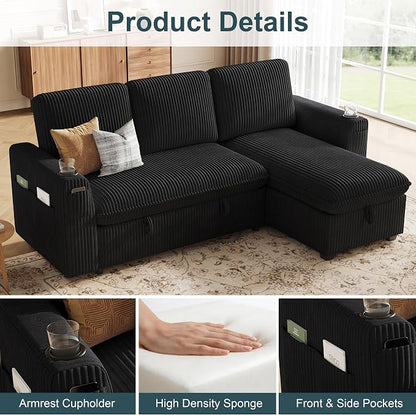Sectional Sleeper Sofa with Pull Out Bed, Plush Corduroy Sectional Sofa with Storage Chaise and Adjustable Backrest, Cloud Sectional Couches for Living Room, Apartment, Black