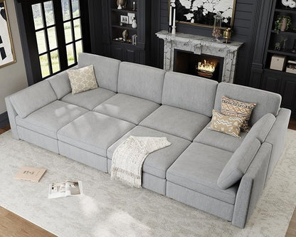 Oversized Modular Sectional Sleeper Sofa Bed Cloud Couches Gray | Deep Seat Couch for Living Room, 8 Seater Luxury Comfortable Sofa with Ottoman, Solid Wood Frame, Removable Washable Cover