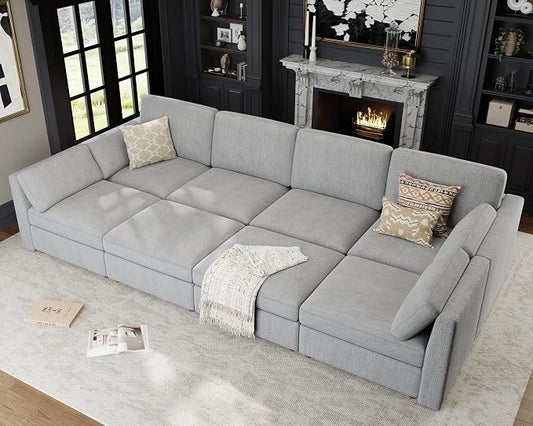 Oversized Modular Sectional Sleeper Sofa Bed Cloud Couches Gray | Deep Seat Couch for Living Room, 8 Seater Luxury Comfortable Sofa with Ottoman, Solid Wood Frame, Removable Washable Cover