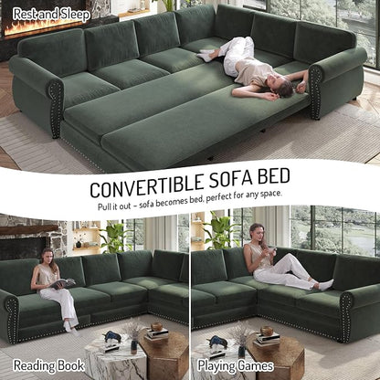 118" L-Shaped Sleeper Couch Bed - Oversize Convertible with Pull-Out Sofa Bed, Button Tufted Chesterfield Sofa, Chenille Sectional Vintage Couches for Living Room/Apartment(6-Seater, Green) | Oversize Convertible