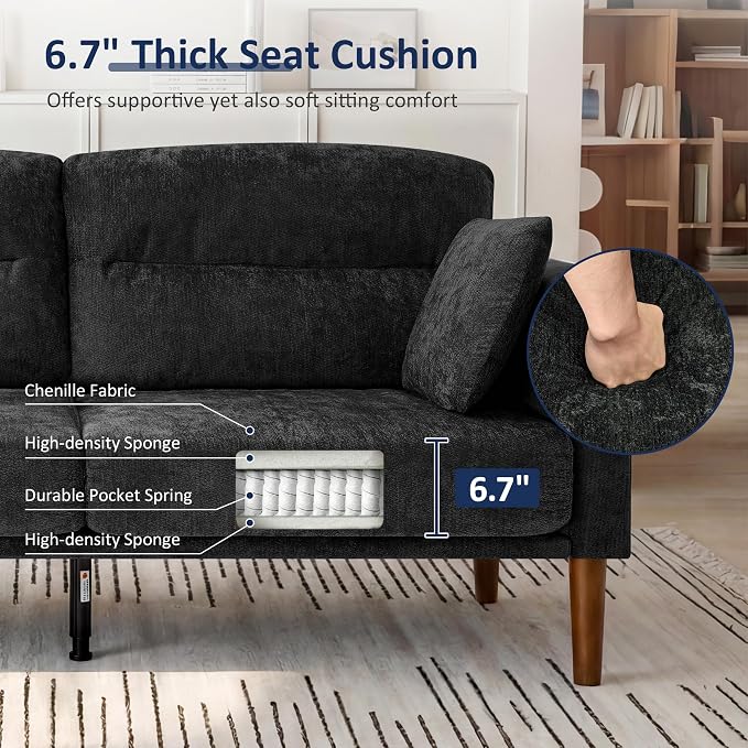 Vipbear 69" Loveseat Sofa,Modern Couches for Small Spaces,Black Chenille Love Seat Couch for Living Room,Bedroom,Apartment,Office,Deep Seat,Armrest Tabletop,Throw Pillow