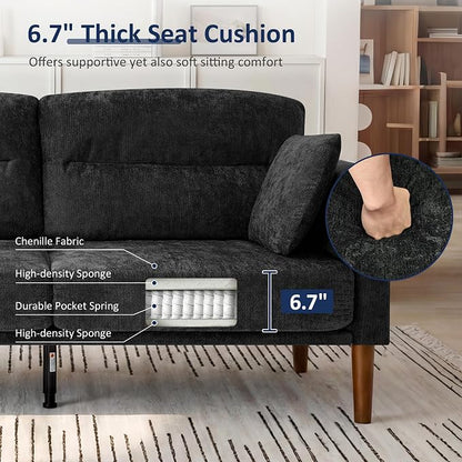 Vipbear 69" Loveseat Sofa,Modern Couches for Small Spaces,Black Chenille Love Seat Couch for Living Room,Bedroom,Apartment,Office,Deep Seat,Armrest Tabletop,Throw Pillow