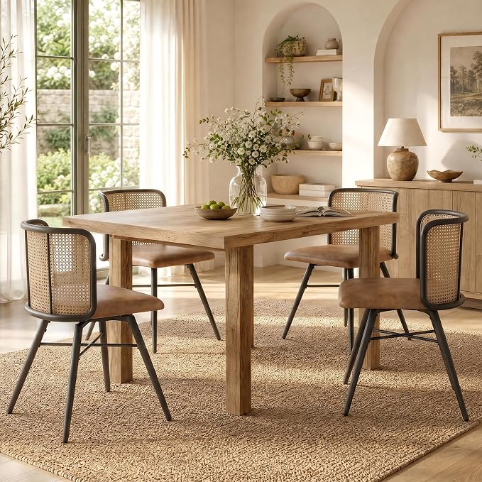 TYBOATLE Farmhouse Rattan Dining Chairs Set of 4 (Brown) | Boho, Natural Cane Woven Back, Faux Leather Seat, Metal Legs, Upholstered, Kitchen, Dining Room