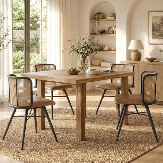 TYBOATLE Farmhouse Rattan Dining Chairs Set of 4 (Brown) | Boho, Natural Cane Woven Back, Faux Leather Seat, Metal Legs, Upholstered, Kitchen, Dining Room