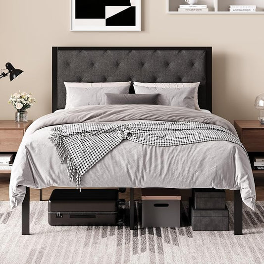 SHA CERLIN Queen Size Metal Bed Frame and Linen Tufted Headboard, Dark Gray | Modern Design Heavy-Duty Platform Bed, No Box Spring Need, Linen Fabric Upholstery, Noise Free, Easy Assembly