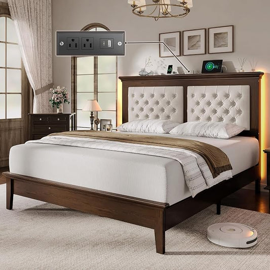 Lifezone Solid Wood Queen Size Bed Frame 41.5” Tall Diamond-Tufted Upholstered Headboard, American Classic Flat-Top Bed, Stable Structure, Wood Slats Support, Noise-Free, No Box Spring Needed, Walnut