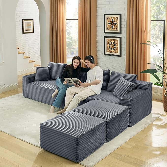 115" U-Shaped Cloud Sectional Couch, Modular Compressed Boneless Sectional Sofa W/Reversible Ottoman Chaise Lounge, Plush Corduroy Boneless Symmetrical Sofa for Living Room