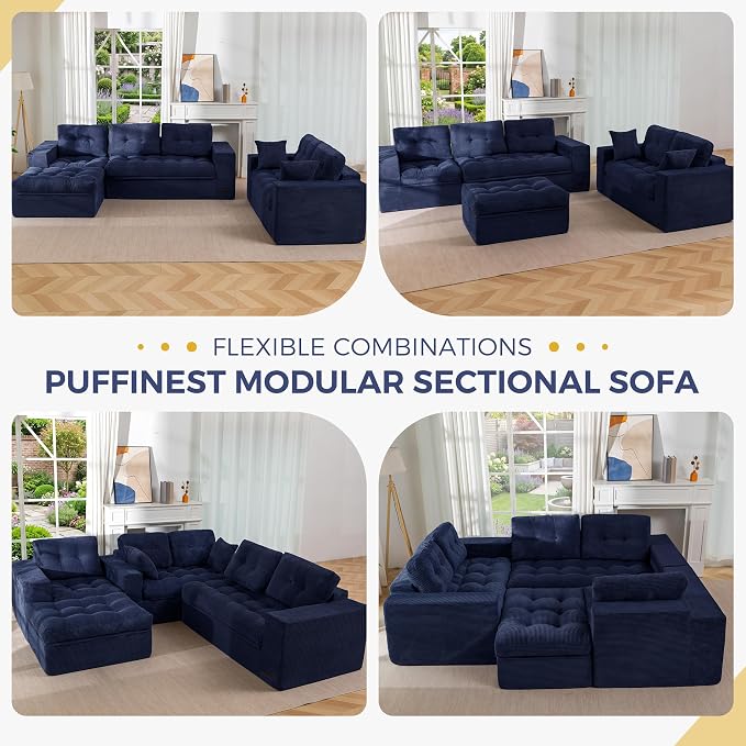 MAXYOYO Modular Sectional Sofa with Ottoman and Loveseat, Cloud Boneless Couch with Layered Cushion, Flexible Module Combination Sofa for Living Room, No Assembly Required,Navy