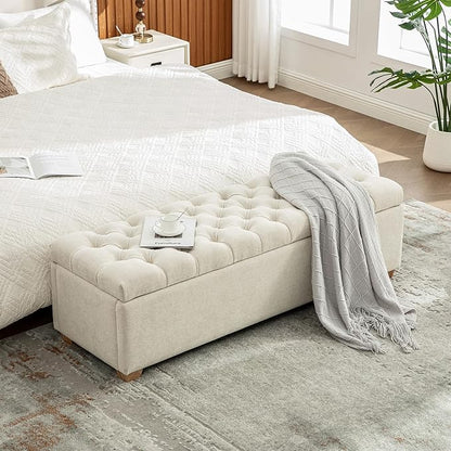 60.2" Storage Bench, End of Bed Storage Benches, Chenille Fabric Upholstered Ottoman Bench with Safety Hinge for Living Room Entryway Bedroom Hallway