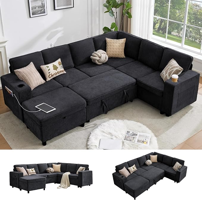 107 Inch Sectional Sleeper Sofa with Pull Out Bed, 7 Seat U Shaped Modular Sectional Sofa with Storage Ottoman, USB Port & 6 Pillows, Sectional Couches for Living Room & Apartment, Modular Couch,Black