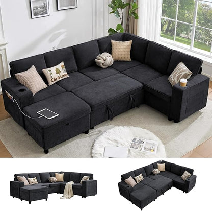 107 Inch Sectional Sleeper Sofa with Pull Out Bed, 7 Seat U Shaped Modular Sectional Sofa with Storage Ottoman, USB Port & 6 Pillows, Sectional Couches for Living Room & Apartment, Modular Couch,Black