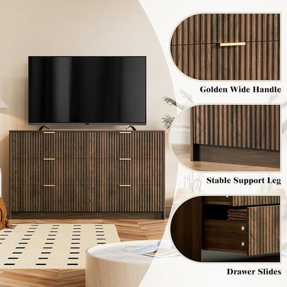 Furniway Walnut Dresser for Bedroom, Modern Dresser with 6 Drawers and Smooth Slides, Wide Chest of Drawers with Golden Handles for Bedroom, Living Room, Closet, 15.7" D x 55.1" W x 31.4" H