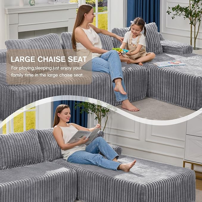 Hobestluk Boneless Couch Modular Sectional Sofa L-Shape Oversized Chaise | 108" Right Facing Chaise Pale Gray,Memory Foam,Removable Cover,Non-slip Bottom,No Assemble Required,Living Room Furniture