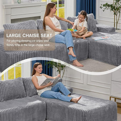 Hobestluk Boneless Couch Modular Sectional Sofa L-Shape Oversized Chaise | 108" Right Facing Chaise Pale Gray,Memory Foam,Removable Cover,Non-slip Bottom,No Assemble Required,Living Room Furniture