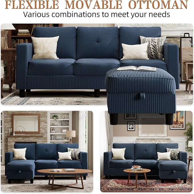 Shintenchi 76" Modern Upholstered Sectional Sofa, L-Shaped Couch with Storage Ottoman and Reversible Chaise for Living Room, Blue Linen Fabric