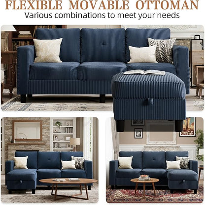 Shintenchi 76" Modern Upholstered Sectional Sofa, L-Shaped Couch with Storage Ottoman and Reversible Chaise for Living Room, Blue Linen Fabric