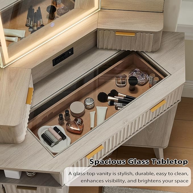 T4TREAM Fluted Makeup Vanity Desk with 3 Way Mirror and Lights, 48" Large Corner Vanity Table with Glass Top, Charging Station, 3 Drawers, Storage Cabinets & Shelves, for Bedroom, White Alder
