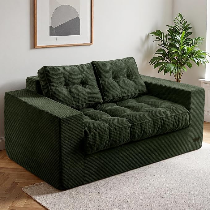 MAXYOYO Loveseat Sofa Couch, Upholstered Bean Bag Chair Cloud 2-Seat for Adults, Boneless Couch with Tufted Cushion & Pillows, Sofa in A Box, No Assembly Required, Dark Green
