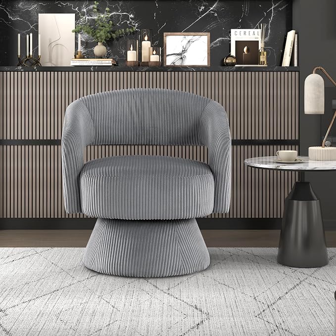 Lexicon 360 Degree Swivel Accent Chair, Modern Comfy Corduroy Round Barrel Chair, Open Back, Plush Foam Cushions, Metal Swivel Base for Living Room/Bedroom/Office/Small Spaces, Dark Gray