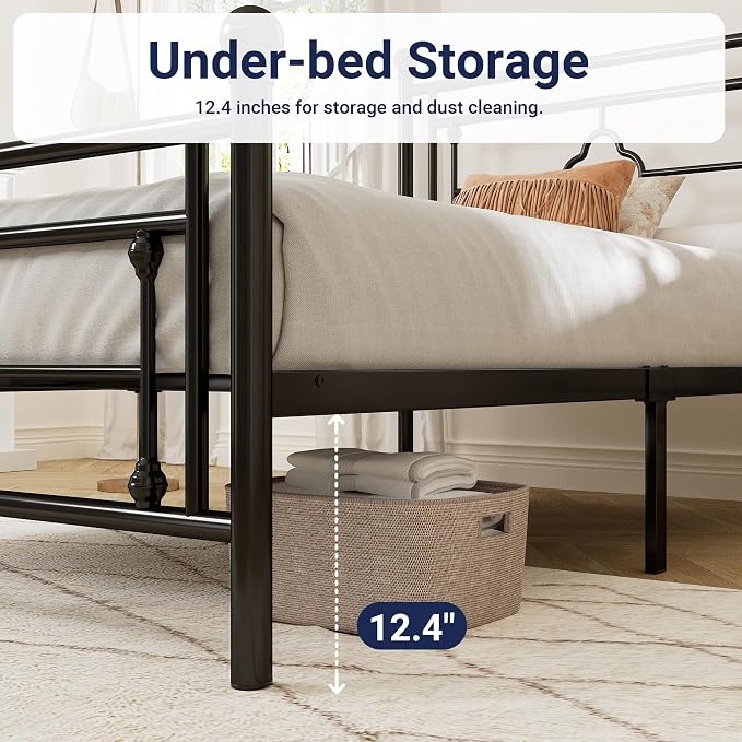 Allewie Twin Size Metal Platform Bed Frame with Victorian Vintage Headboard and Footboard/Mattress Foundation/Under Bed Storage/No Box Spring Needed/Noise-Free/Easy Assembly, Black