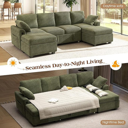 Ihanherry 6-Seater Large Sectional Sofa Bed with Storage Ottoman, Corduroy Reversible Modular Sleeper Sofa Couch with USB Port, 104" L-Shaped Convertible Couch for Living Room（Green）