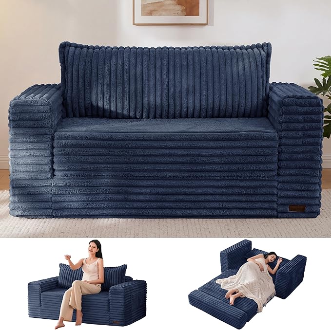 MAXYOYO Convertible Sofa Bed, 2 in 1 Folding Couch Bed for Small Space, Pull Out Loveseat Sofa Couch with Large Back Pillow, Plush Faux Fabric Lounge Couch for Living Room, Apartment, Navy