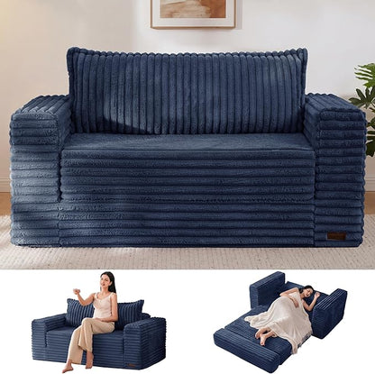 MAXYOYO Convertible Sofa Bed, 2 in 1 Folding Couch Bed for Small Space, Pull Out Loveseat Sofa Couch with Large Back Pillow, Plush Faux Fabric Lounge Couch for Living Room, Apartment, Navy