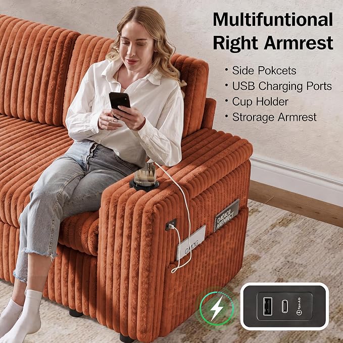 Vipbear 86" Modular Sectional Sleeper Sofa with Pull Out Bed, 5 Seat Plush Corduroy L Shaped Couch with Storage Seat|USB Ports|Cup Holders|Side Table|Storage Armrests, Tool Free Assembly, Orange