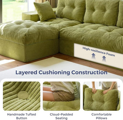 MAXYOYO 96" L Shaped Modular Sectional Sofa with Ottoman, Cloud Boneless Couch with Layered Cushion, Upholstered Sofa in a Box, Flexible Module Combination for Living Room, No Assembly, Green