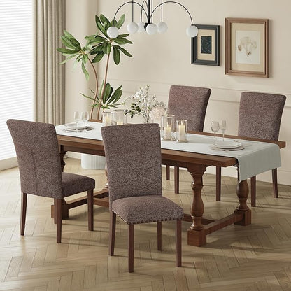 COLAMY Upholstered Parsons Dining Chairs Set of 4, Fabric Dining Room Kitchen Side Chair with Nailhead Trim and Wood Legs - Brown