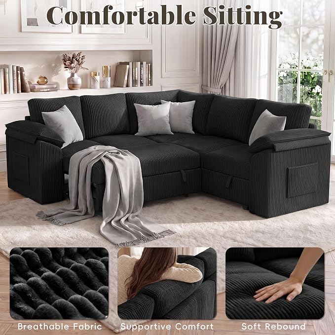 85 Inch Sectional Sleeper Sofa Bed with Pull Out Couch, U Shaped 5 Seat Cloud Modular Sectional Sofa with Storage, Corduroy Sectional Couches for Living Room, Removable Sofa Cover, Dark Grey