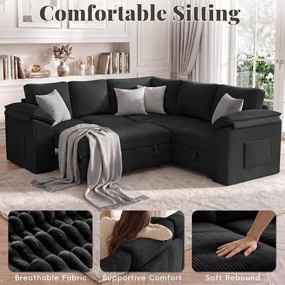 85 Inch Sectional Sleeper Sofa Bed with Pull Out Couch, U Shaped 5 Seat Cloud Modular Sectional Sofa with Storage, Corduroy Sectional Couches for Living Room, Removable Sofa Cover, Dark Grey