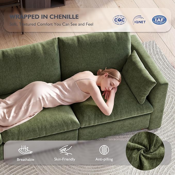 Ihanherry 111" Oversized Modular Sectional Sofa, Modern V Shaped Cloud Couch with Storage Ottoman, 6-Seat Comfy Chenille Deep Seat Sofa with 2 Pillows for Living Room, Green