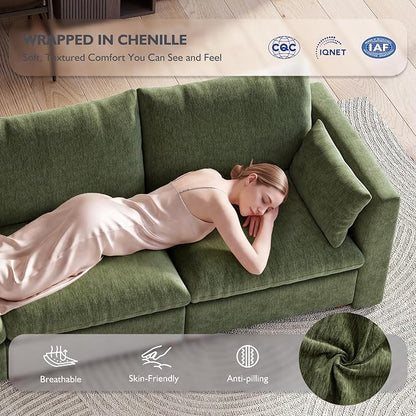 Ihanherry 111" Oversized Modular Sectional Sofa, Modern V Shaped Cloud Couch with Storage Ottoman, 6-Seat Comfy Chenille Deep Seat Sofa with 2 Pillows for Living Room, Green