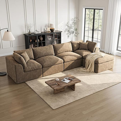 Cloud Sectional Couches for Living Room | 144 Inch L-Shaped Boneless Couch with Ottoman | Brown Modular Sectionals Sofa Couch