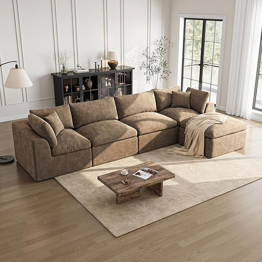 Cloud Sectional Couches for Living Room | 144 Inch L-Shaped Boneless Couch with Ottoman | Brown Modular Sectionals Sofa Couch