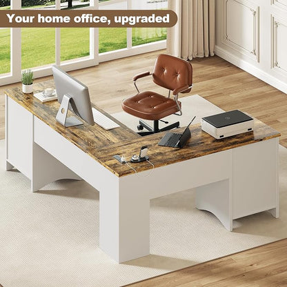 Decofy Farmhouse L Shaped Standing Desk with Storage Drawers, 67'' Corner Office Desk with File Cabinet & Charging Station, Wood Writing Computer Desk for Home Office, Study Room, White