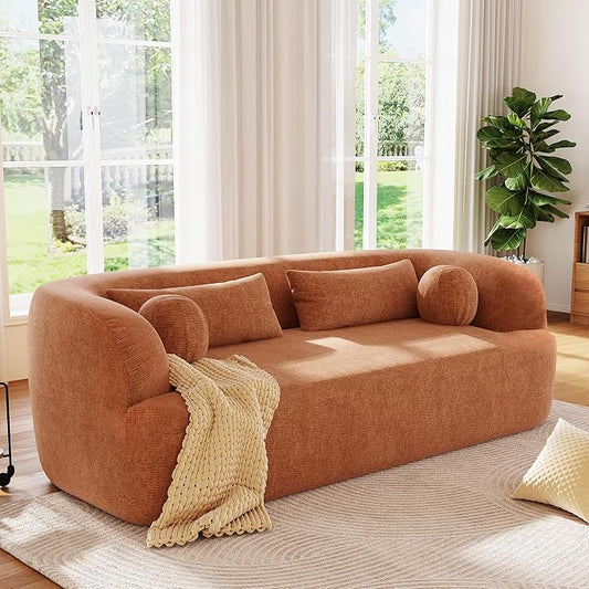 86" Curved Cloud Couch, Curved Sofa,Boneless Couch, Upholstered Sofa with Pillows, No Assembly with High-Density Foam, 3-Seater Luxury Modern Compressed Sofa, Chenille,Orange